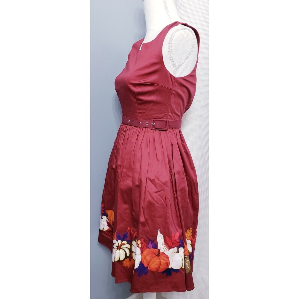 ModCloth Burgundy Pumpkin Print Fit Flare Belted Midi Dress Womans size SMALL - Picture 3 of 7